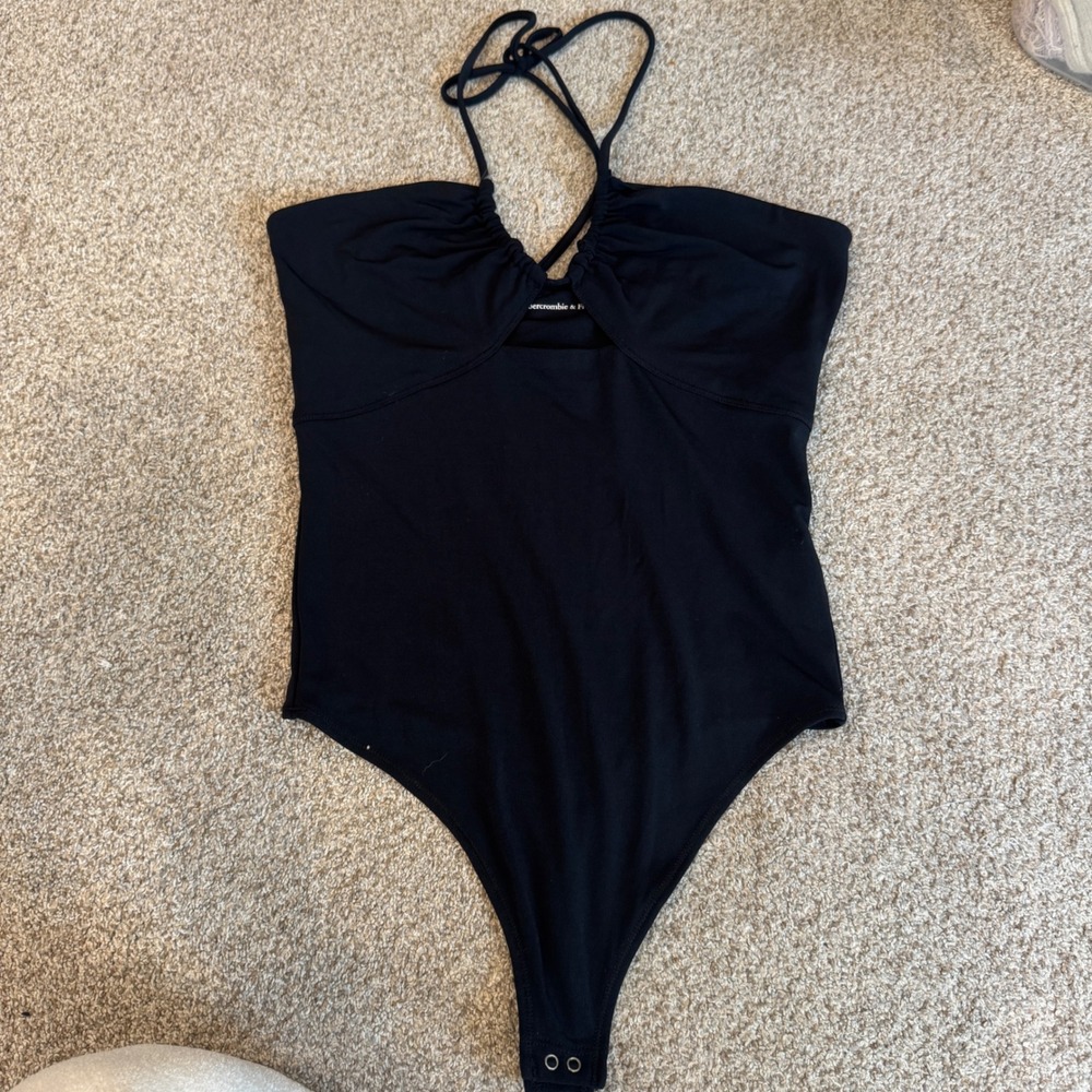 Abercrombie & Fitch Black Halter Keyhole Ruched Bodysuit Large L Thong Snap